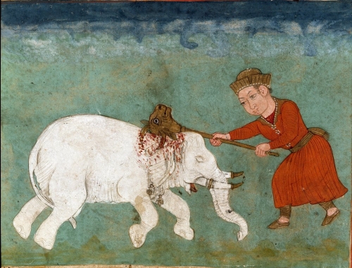 School_Persian_-_Islamic_Art_Rostam_(or_Rustam)_mythical_heros_and_son_of_Zal_kills_the_white_ele_-_(MeisterDrucke-983938).jpg