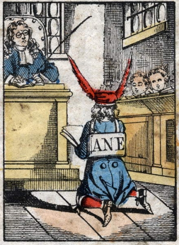 French_School_-_Punishment_at_school_Pupil_punished_with_a_donkey_cap_Epinal_imaging_from_the_en_-_(MeisterDrucke-926256).jpg