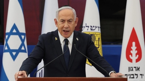 Israeli Prime Minister Benjamin Netanyahu speaks during the annual ceremony at the eve of Israel’s Remembrance Day for fallen soldiers afp april 29 2025.jpg.jpg